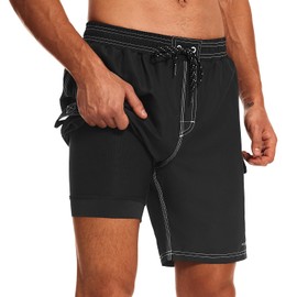 HODOSPORTS Mens Swim Trunks with Compression Liner 9 inch Bathing Suit Quick-Dry Swim Shorts Cargo Pockets S-4XL, Black, 4X-Large Big Tall