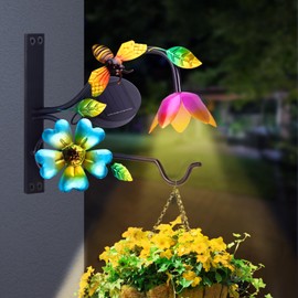 Lewondr Plant Hangers with Solar Light,9 Inch Metal Hanging Plant Bracket Outside,Bee Plant Wall Hook Solar Lights Outdoor for Wall,Flower Basket,Bird Feeder,Lantern,Wind Chime,2 Pack