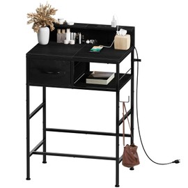 Small Vanity Desk No Mirror, 23.6 inch Makeup Vanity Table with Fabric Drawers Power Outlet, Compact Makeup Desk for Girls Bedroom and Small Space, Black