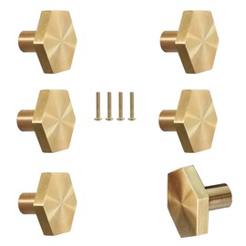4Pcs Solid Brass Hexagon Cabinet Knobs, Single Hole Small Knobs Handle, Home Decorating Kitchen Furniture Hardware Handles Pulls for Cupboard, Desk, Dresser Drawer, Gold, with Screws(20 x 27mm)