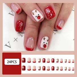Christmas Press On Nails Short, Christmas Nails Glue On, 24Pcs Christmas Fake Nails With Glue, Christmas Nails Press On With Deer Snowflake Design，Stick On Nails for Women