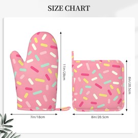 Pink Desserts Donut Sprinkles Kawaii Oven Mitts and Pot Holders Sets of 4, Heat Resistant Silicone Oven Mittens and Potholders Gloves Hot Pads for Kitchen Cooking Baking Grilling BBQ Chef