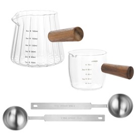 2 PCS Espresso Shot Glass with 2PCS Coffee Measuring Spoons, Single Spout Glass Measuring Cup with Wood Handle, Espresso Shot Cups with Dual Scale, Espresso Accessories for Coffee Milk (6.0oz, 2.5oz)
