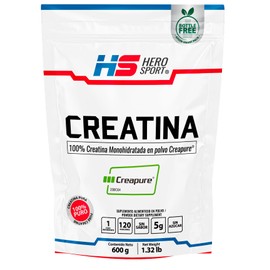 Hero Sport Creatina Monohidratada Creapure® 600g. 100% Pura y Natural. Solo 1 Ingrediente Creatina Premium Alemana Creapure®, Sin Azúcar, 120 porciones por Envase, 5g por porción, Incluye Scoop. Vegana, Safe Use. Pure. Proven. Perfect.