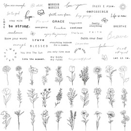 Esland Realistic Temporary Tattoos - 60 Pcs Tiny Small Removable Tattoos, 30 Pcs Inspirational Quotes Words Tattoos, 30 Pcs Wild Flower Ink Line Botanical Floral Leaf Tattoo Stickers for Women