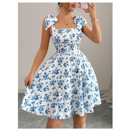 Floerns Women's Floral Tie Shoulder A Line Dress Sleeveless Vacation Summer Bohemian Dress Blue Medium