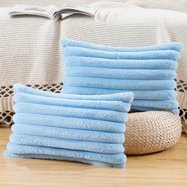 Madizz Set of 2 Faux Fur Plush Decorative Throw Pillow Covers 12x20 inch, 30x50 cm, Light Blue Fluffy Striped Soft Decorative Cushion Cover for Sofa Bedroom Pillow Shell