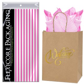 Flexicore Packaging Natural Brown Kraft Paper Welcome Bags & Hot Pink Gift Wrap Tissue Paper | Size: 8 Inch X 4.75 Inch X 10.5 Inch | Count: 5 Bags | Color: Hot Pink Pin Stripe