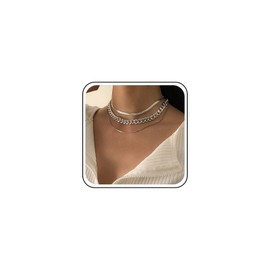Inateannal Boho Layered Choker Necklace Chunky Cuban Chain Necklace Gold Herringbone Choker Necklace Cuban Link Curb Necklace Round Snake Necklace Chain Multilayer Punk Necklace, Zinc, No Gemstone