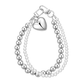 PUCAPOCO Y2K Keychain Heart Layered Pearl Silver Bead Keychain Bag Charms Aesthetics Wristlet Bag Backpack Charms Accessories (Style 1)