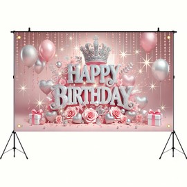 BlissYard Pink Princess Happy Birthday Backdrop 71x43 inch Glittering Silver Elegant Crown and Rose Banner Beautiful Girl's Birthday Photography Background Photo Studio Props Decoration Backdrop