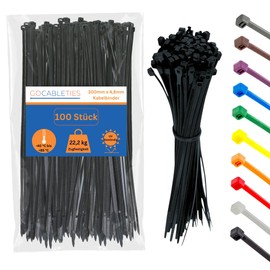 Gocableties Pack of 100 Black Cable Ties, 300 mm x 4.8 mm, Premium Quality UV-Resistant Set