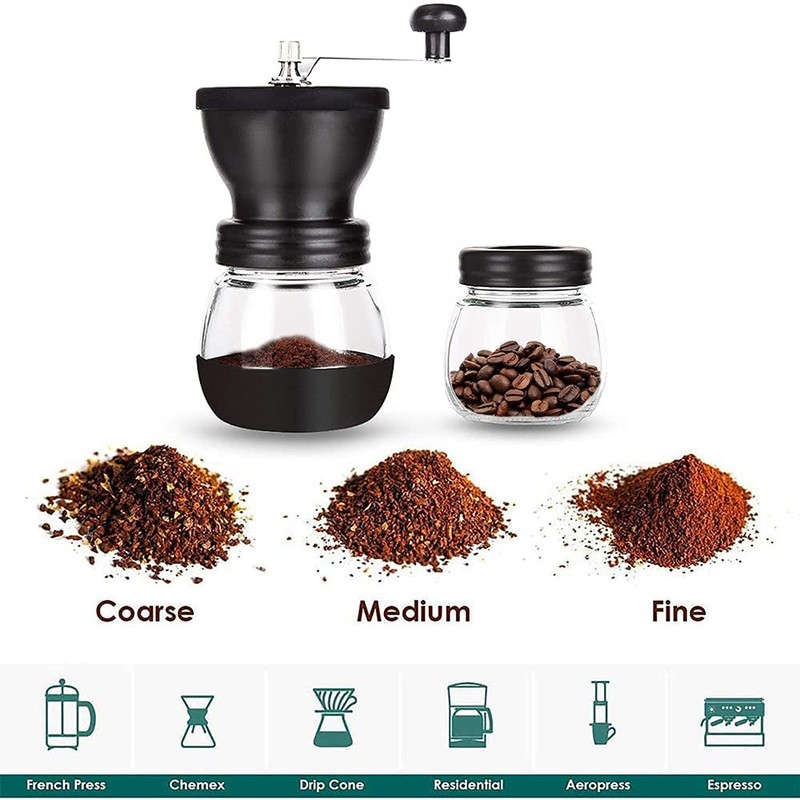 ANCLLO Manuelle Kaffeemühle mit Keramik-Frässtiften, 350 ml,Glasdosen, Silikonabdeckung und Edelstahlgriff,