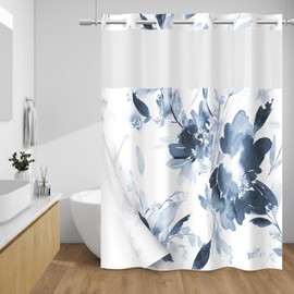 ALINK No Hook Shower Curtain with Snap in Liner - Fabric Waterproof Inner Liner, Plants Watercolor Green Eucalyptus Leaves Farmhouse Cloth Shower Curtains - Machine Washable, 71 x 74 Inch