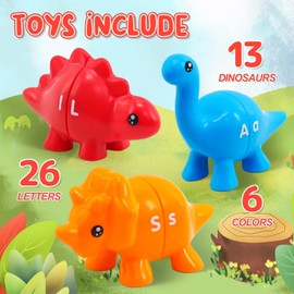 Montessori Learning Toys for Toddlers, Matching Letters Fine Motor Toy, 13 Dinosaurs, Double Sided 26 PCS Alphabet Games, Alphabet Learning Dinosaur Set for Kindergarten