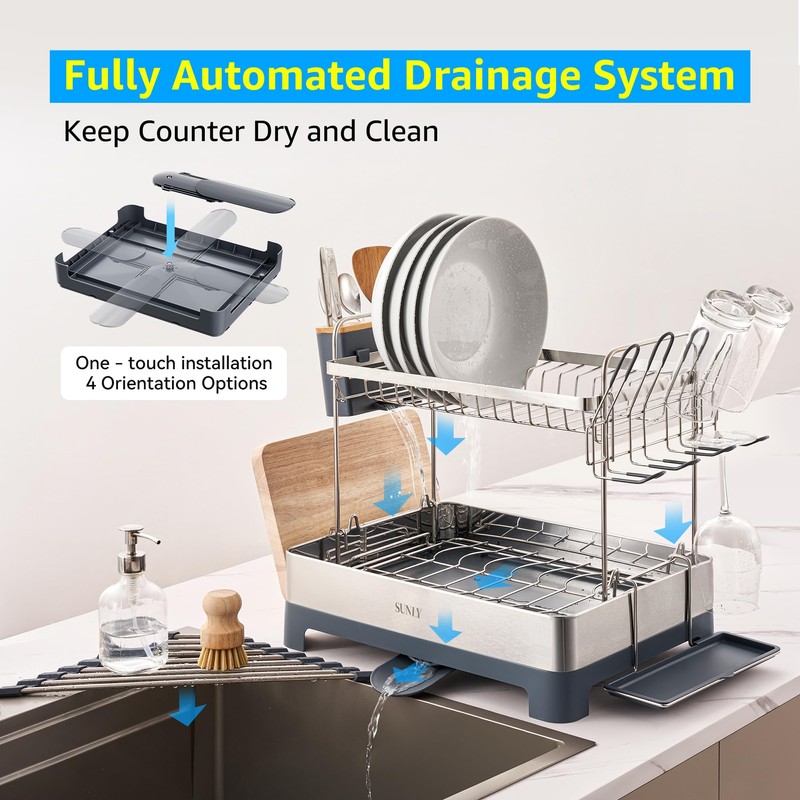 SUNLY Large Dish Drying Rack, Multipurpose 2 Tier Dish Racks