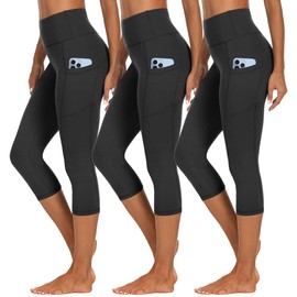 HIPOWER Confezione da 3 leggings da donna con tasche, Capri sportivi a 3/4, da donna, 7/8, a vita alta, yoga, estivi, per fitness e palestra, Nero x 3., L-XL