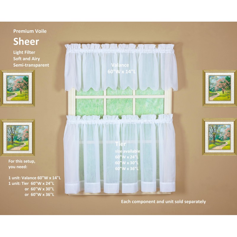 Today's Curtain Emelia Original Voile Tier Pair 30", White, 60"