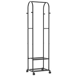 Clothes Rack - Space-Saving Clothing Rack with Wheels, 2-Tier Dense Mesh Shoe Shelves & 4 Hooks, Garment Rack for Bedroom, Entryway, Closet, 18.4" x 12.6" x 70", Black