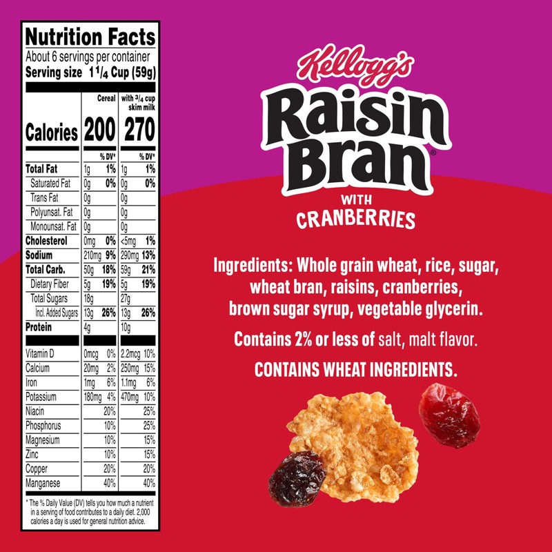Kellogg's Raisin Bran with Cranberries Breakfast Cereal, Fiber Cereal, Family
