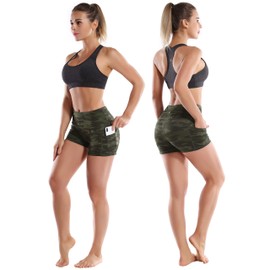 BUBBLELIME 2.5"/4" Stretch Yoga Shorts for Women Tummy Control - 2.5" Side Pockets_Green CAMO X-Large (2.5" Inseam)