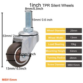 MyyYiTar 1" Swivel Stem Threaded Casters, TPR Mute Caster Wheel M8 ×15mm Stem Threaded Mini Casters -Load Capacity 100lbs