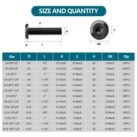20pcs 1/4-20 * 2" Flat Head Hex Socket Cap Screws,304 Stainless Steel 18-8 Socket Cap Bolts, Furniture Bolts Countersunk Connector Screw, Full Thread,Black Oxide with Hex Spanner