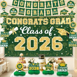 2026 Graduation Decorations Set - Class of 2026 Congrats Grad Backdrop Banner, 2026 Grad Ceiling Décor and Table Centerpieces for College High School Classroom Grad Party Supplies (Green Gold)