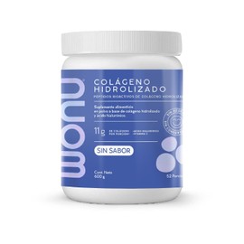 WONU, Colágeno Hidrolizado Presentación en polvo, 600 g. rinde 52 porciones, Péptidos de colágeno, Ácido hialurónico y Vitamina C, Sabor Natural
