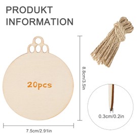 Unvtap 20PCS Wooden Christmas Ornaments, Wooden Round Bauble Blank Wooden Baubles, DIY Wooden Christmas Decorations with String for Xmas Tree Decoration DIY Crafts
