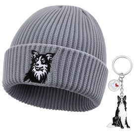 Geyoga 2 Pcs Border Collie Owner Gift Border Collie Dog Beanie Hat and Keychain Set for Men Women Embroidered Beanie Winter Hat Gift for Birthday Christmas Cold Weather(Grey)