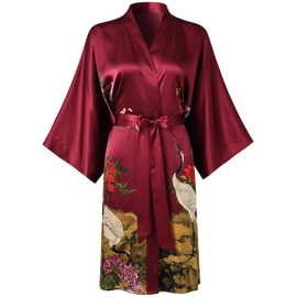 TicyLuck Women's Silk Kimono Robe Short Bathrobe Nightgown 100% Mulberry Silk for Women - Classic Floral Pattern (US, Alpha, One Size, Regular, Regular, Deep Red)