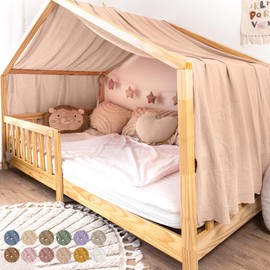 lilimaus House Bed Canopy, Made of 100% Cotton Muslin, Handmade, Fabric Bed Decoration, Girls and Boys, Children, Bed Curtain for Children's Bed, Beige Pink