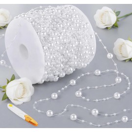 Pearl Garland White, 60 m Elegant Pearl Necklace Decorative Pearl Ribbon with Stainless Steel Scissors for Wedding Decoration Party Birthday Table Decoration DIY Craft Decoration Bouquet