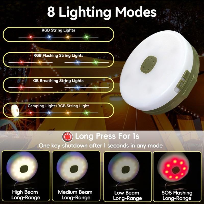 40FT Solar Camping String Lights, Rechargeable String Lights with 8