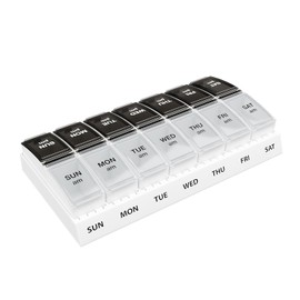 EZY DOSE - Estuche para píldoras semanal (7 días) AM/PM, planificador de medicamentos, organizador de vitaminas, pequeños compartimentos emergentes, 2 veces al día, tapas negras y naturales