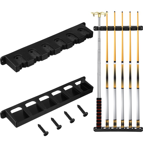 SKYLETY 2 Pieces 6 Pool Cue Rack, Pool Stick Holder Wall Mounted Table Sticks, Pool Balls Billiard Pool Table Accessories for Game Room Pool Bars Clubs Billiard Players