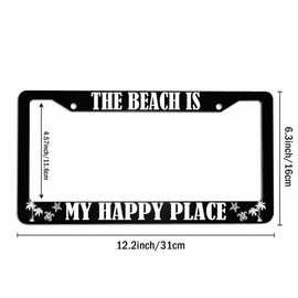 Amcove License Plate Frame The Beach is My Happy Place Stainless Steel License Plate Frame with 2 Holes & Free Screws 12.2 x 6.3 Inches