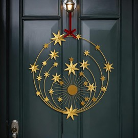 Otoolling Christmas Celestial Gold Metal Wreath Decoration, 16 Inch Artificial Christmas Gold Wreath with Red Ribbon for Front Door Home Indoor Outdoor Farmhouse Wall Window Xmas Holiday Decor