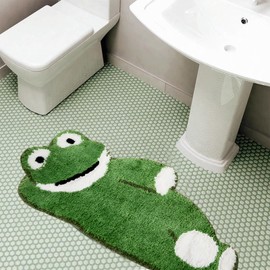 mamrug Cute Green Frog Bath Mat,Non Slip Water Absorbent Microfiber Soft Fluffy Bathroom Rugs,Fun Animal Shaped Shaggy Shower Rugs Washable for Bathroom Home Decor 16.2x33.9 inchs