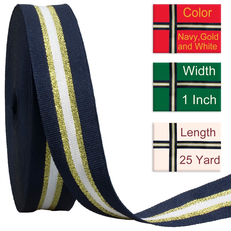 Double Faced Navy/Gold/White Ribbon, 1 Inch, 25 Yards