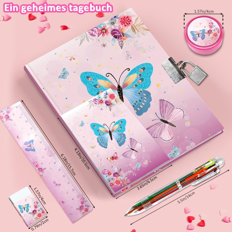 Girls' Diary with Lock, Diary Children's Butterfly Hardcover Journal GINMLYDA