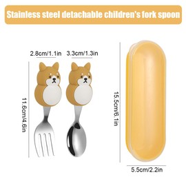 2 PCS Toddler Cutlery Set Cute Kids Metal Spoons Fork with Storage Box Baby Cutlery Self Feeding Portable Utensils Cutlery Set for Children Over 12 Months Flatware Weaning and Learning to Use (Dog)