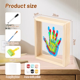 Tapvai Family Handprint Set, with Space for 4, Craft Photo Frame Made of Wood, Handprint Set, with 6 Acrylic Paints, for Expectants and New Parents