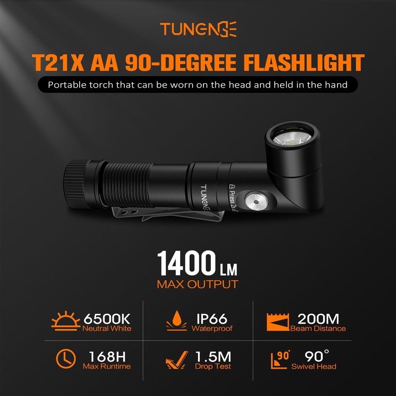 TUNENGE T21X AA Flashlight,1400 High Lumen EDC Pocket 90 Degree