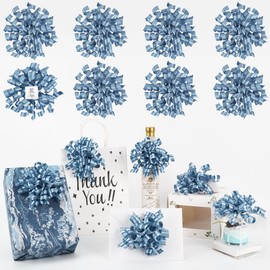 LiBongTa 5'' Dusty Blue Bows Curly Ribbon Bows for Gift Wrapping, Satin Bows with Double-Sided Tape, Self Adhesive Bows for Party, Wedding, Birthday Decor, Premade Bows for Crafts, Wine Glasses-8 PCs