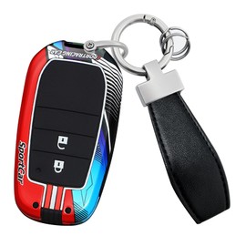 HIBEYO Key Fob Cover Compatible with Toyota Corolla RAV4 Camry Prius Yaris Land Cruiser Highlander Accessories Metal Painted Sports Style Key Shell with Leather Keychains-2 Button Red