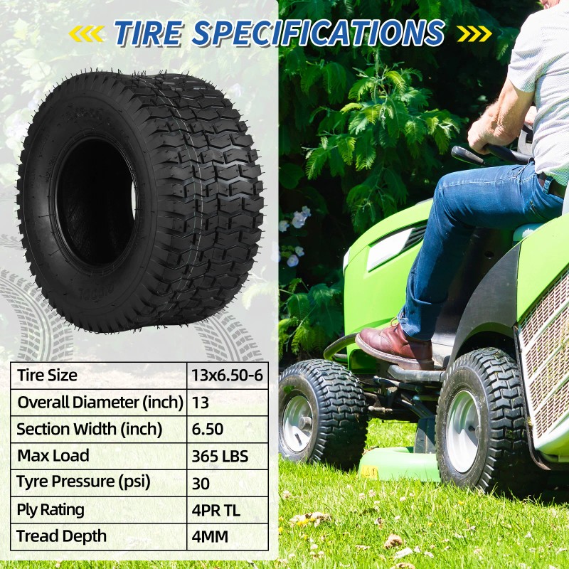 2 Pack 13x6.50-6 Lawn Mower Tubeless Tire, 13x6.5-6 for Tractor