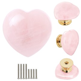 Malimali 4pcs Rose Quartz Heart Cabinet Knobs, Pink Crystal Dresser Drawer Pulls and Knobs for Girls, Cute Gold Knobs for Bifold Closet Door Cupboard Kitchen Bathroom