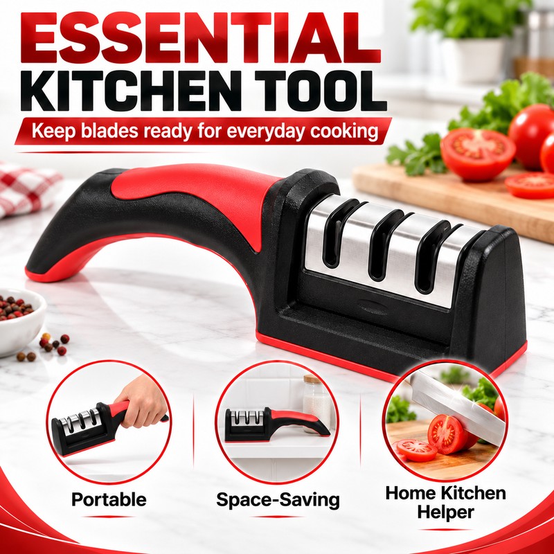 Red Carbon Steel Quick Knife Sharpener with Non-Slip Base for